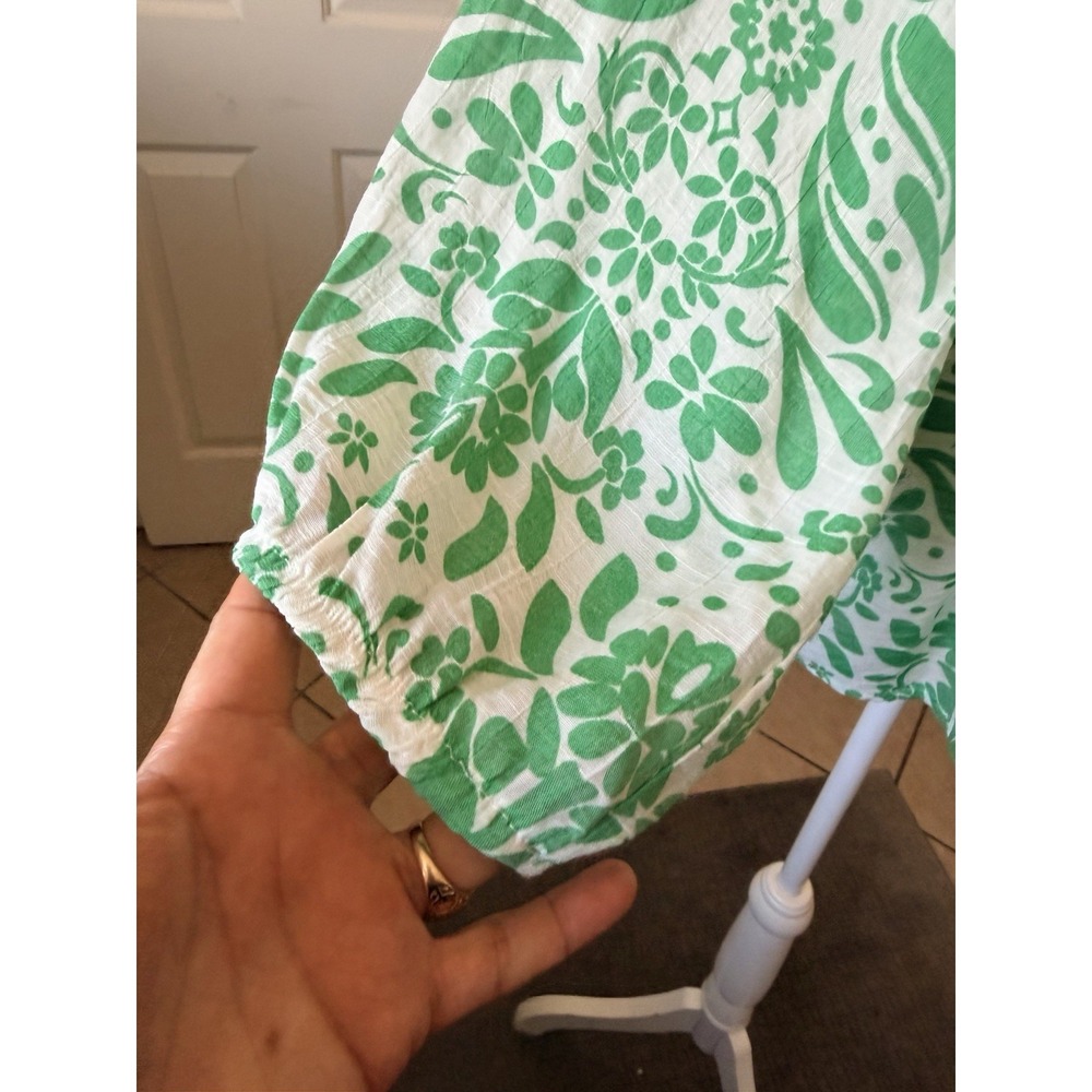Hope & Harlow Womens L Green Floral Boho Peasant Top Tie Neck Spring Vacation - Picture 5 of 15